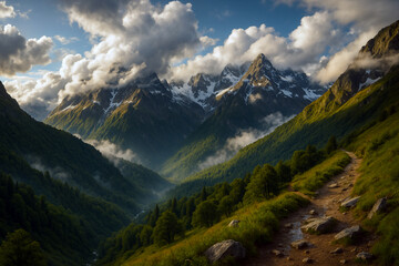 Fototapeta premium Majestic North Caucasus mountains with floating clouds, scenic gorge, and dramatic wilderness landscape