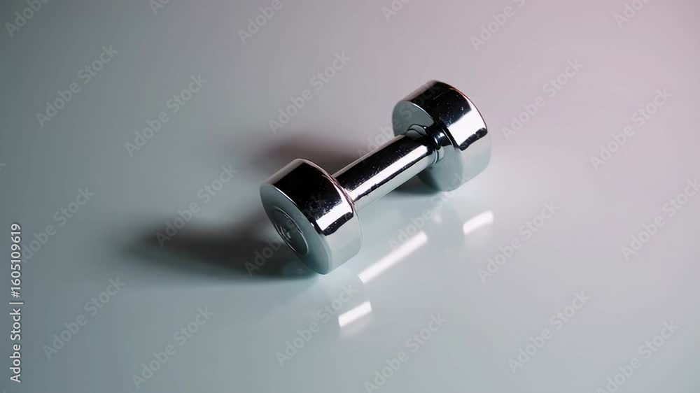 Poster chrome dumbbell rotating slowly on reflective white surface, showcasing sleek design and metallic fi