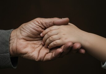 An elderly hand gently holding the hand of a child showing love and care