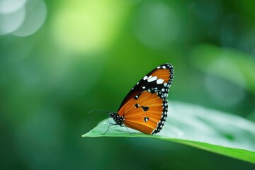 Fototapeta premium observe solitary tropical butterfly gracefully perched on vibrant green leaf its delicate wings contrasting against