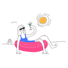 Woman on an inflatable ring and drink cocktail. Doodle vector illustration.