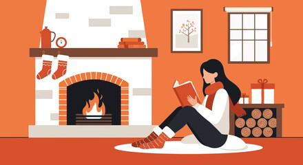 Fototapeta premium Cozy Winter Evening A Girl Reads by the Fireplace In Warm Light