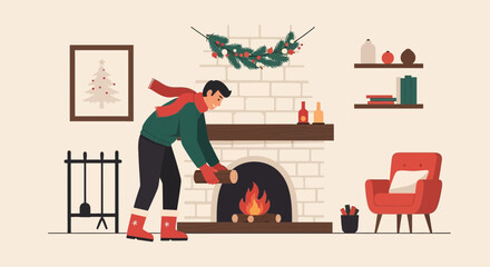 Cozy Winter Evening Man Putting Wood Into a Fireplace With Christmas Decor