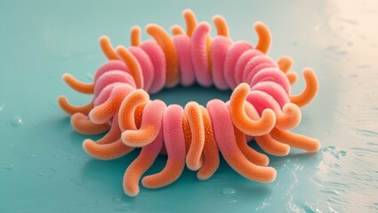 Abstract Biological Structure: Coral-like Forms in Pink and Orange on a Blue Background