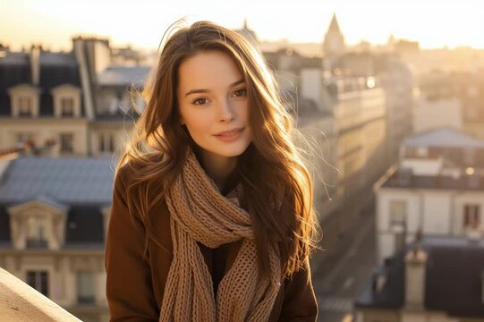 Casual parisian brunette talking on a roof