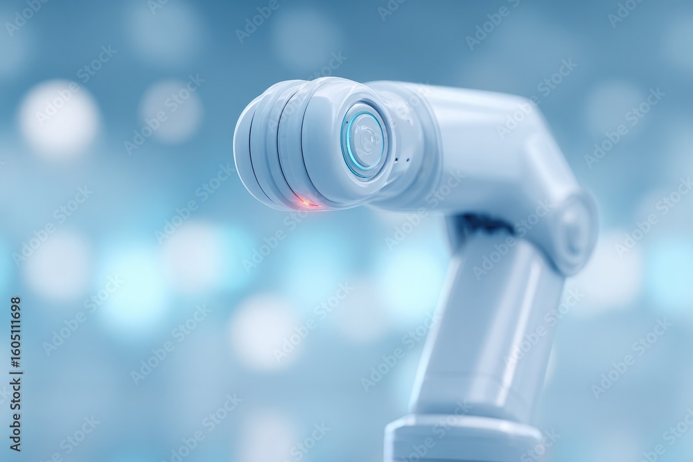Poster sleek robotic arm performs precise tasks in spotless high-tech environment