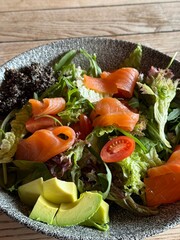 Fresh Green Salad with Smoked Salmon, Avocado and Cherry Tomatoes