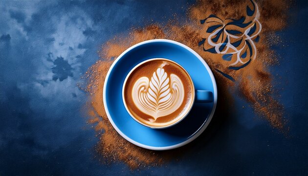 national cappuccino day with hot caffeine idea latte art in a blue coffee cup with textured background - Powered by Adobe