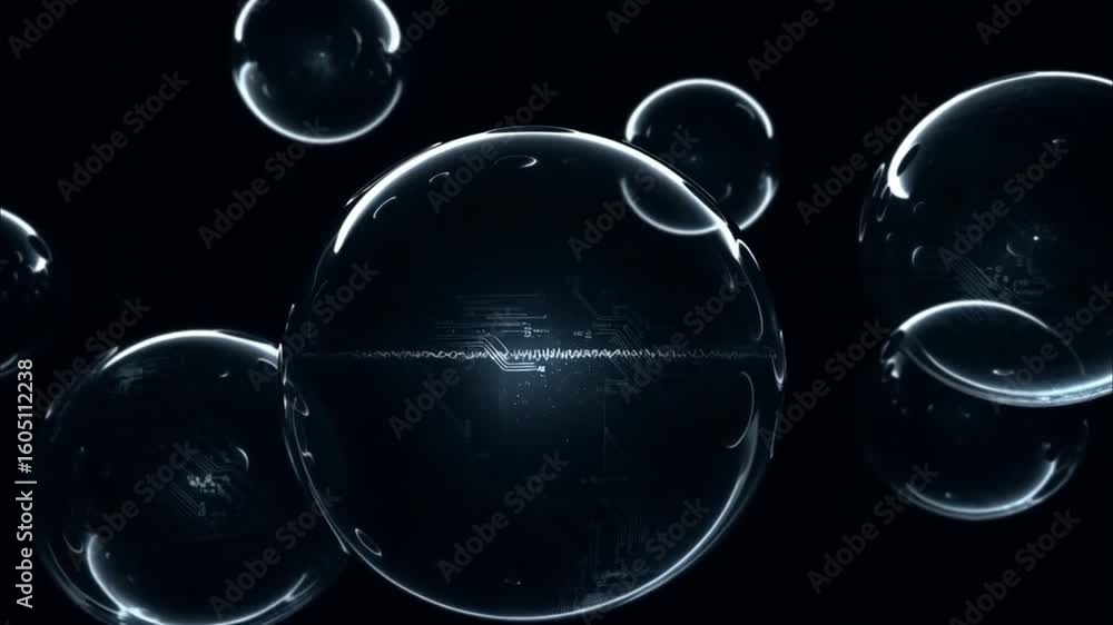 Poster abstract spheres: transparent spheres of various sizes float serenely against a dark backdrop, evoki