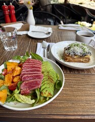 Healthy Tuna and Avocado Salad with Gourmet Lasagna and Coffee
