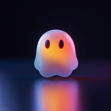 Cute glowing ghost figure on a reflective surface with soft, colorful light hues. Minimalist and whimsical Halloween concept with a dark background highlighting its charm.