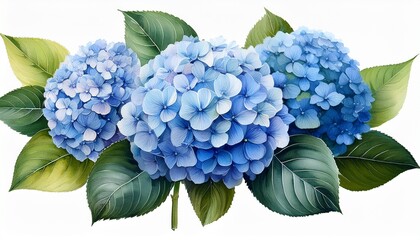 a watercolor illustration of blue hydrangeas with green leaves