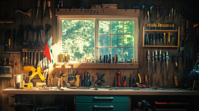 A cluttered workbench filled with tools under a window in a workshop with wooden walls and tools hanging