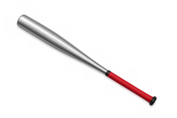 Metal baseball bat with bright red grip, resting on transparent backdrop, ideal for sporting graphic layouts
