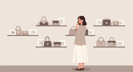 Elegant Woman Considering Handbag Options At Boutique Shop For Stylish Purchase
