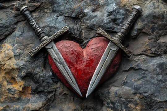 Two daggers pierce a heart symbolizing betrayal in a dark rocky setting, Two daggers penetrating directly through a heart made of stone