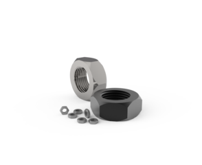 Visualización 3D de tuercas metálicas sobre fondo transparente (PDF).