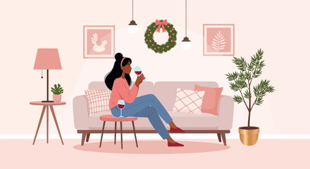 Elegant Woman Enjoying Wine in Cozy and Tastefully Decorated Holiday Home
