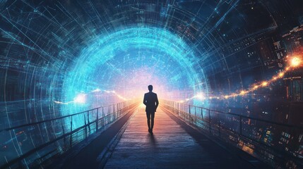 Futuristic person walking tunnel