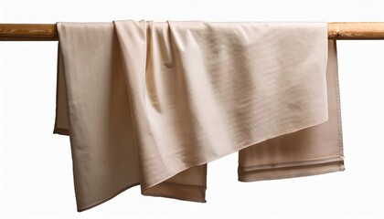 cream colored fabric hanging on wooden rod isolated without background