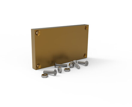 Visualizaci&oacute;n 3D de placa met&aacute;lica, pernos y tuercas sobre fondo transparente (PDF).