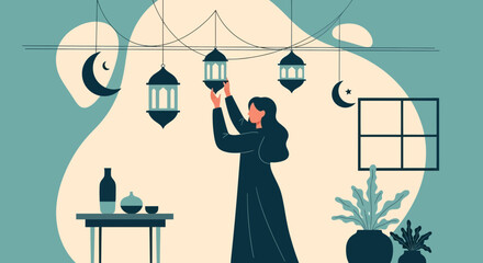 Celebrating Ramadan Woman Decorating Home With Lanterns And Crescent Moon