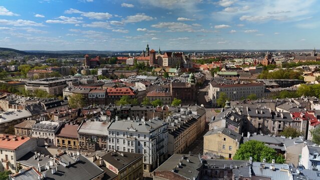 Historic Center of Krakow from Above – Royal Castle, Churches, and Red Roofs