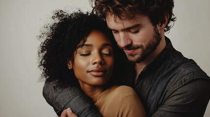 A loving multiracial couple embraces in a studio setting.