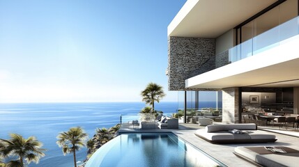 Obraz premium Modern coastal home with infinity pool and ocean views.