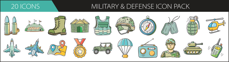 Military and Defense Doodle Icon Set - Hand-drawn icon pack featuring weapons, vehicles, gear, and tactical elements&mdash;perfect for military content, strategy games, and defense topics.
