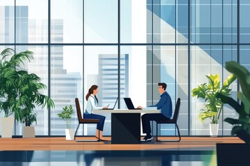 Business professionals collaborate over laptop in modern office space with city view, Business people discussing over laptop in a modern office