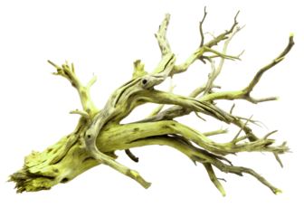 A uniquely shaped piece of weathered driftwood with intricate twists and textures isolated on a transparent background
