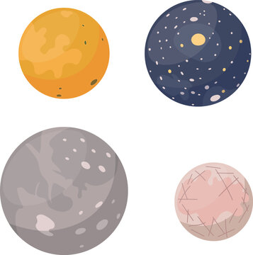 Vector cartoon flat illustration of biggest moons of Jupiter (Europa, Callisto, Ganymedes, Io). Planets in solar system.