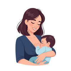 Obraz premium Mother breastfeeding baby with short hair and calm expression, sitting pose vector
