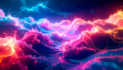 Mesmerizing display of surreal, multicolored clouds drifting across a starry night sky. Vibrant hues of pink, purple, blue, and orange blend seamlessly to create a dreamlike, cosmic atmosphere