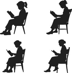 Silhouette set of People Reading Books A Study in Focused Reading book. Vector illustration editable eps file. man, reading, book, black, white, silhouette, sitting, men, outline, standing