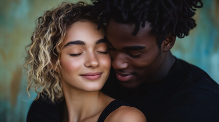 A loving multiracial couple embraces in a studio setting.