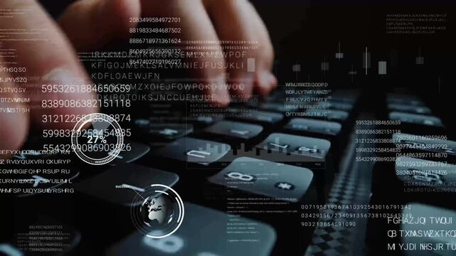 Man working on laptop computer keyboard with graphic user interface GUI hologram showing concepts of big data science technology, digital network connection and computer programming algorithm. Glean