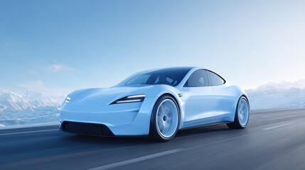 sleek electric car gliding silently on deserted highway minimalistic setting blue sky on horizon