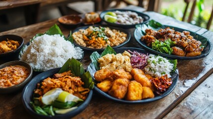 Close up view of authentic traditional Asian cuisine on rustic wooden tabletop in Sri Lanka