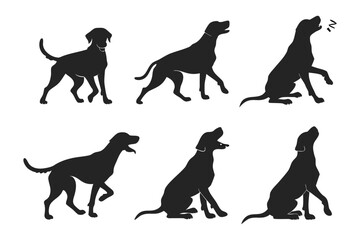Collection of diverse dog silhouettes showcasing various breeds and poses against a white background