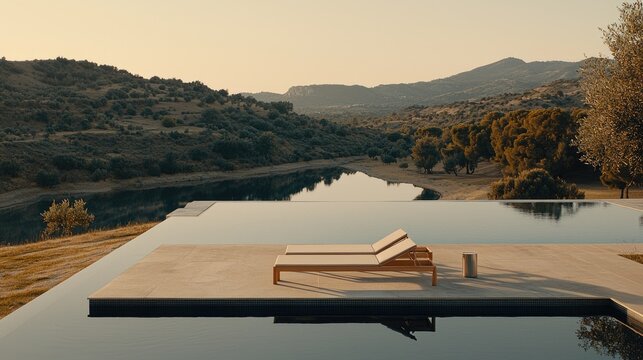Tranquil infinity pool with sun loungers overlooking a serene landscape.