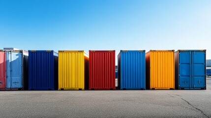 High angle photograph of five industrial shipping containers arranged at busy port area