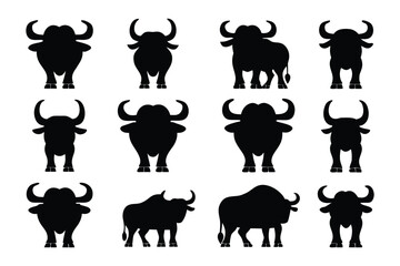 A grid of twelve black silhouette illustrations of bulls with large horns standing on a white background
