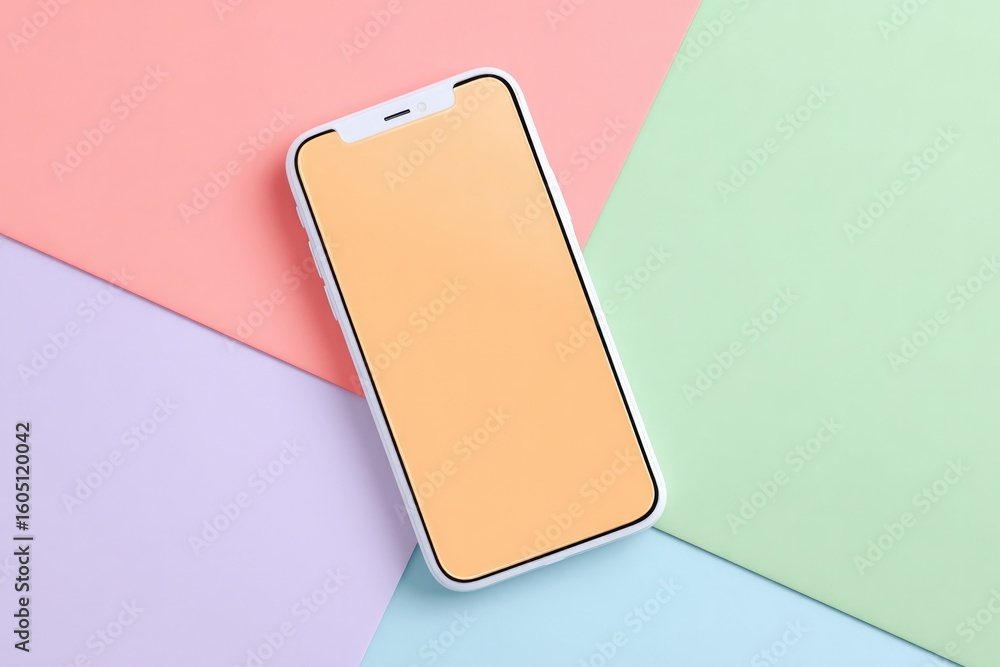 Poster modern smartphone placed on pastel background with slight shadow and empty space around