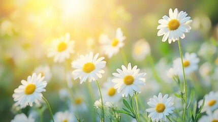 Radiant blooming chamomile and daisy flowers spread across a sunlit meadow in summer nature ambiance