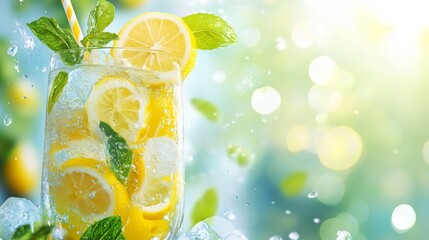 Refreshing summer poster background featuring a cool lemon cold drink beverage