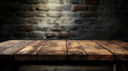 Rustic old wooden table placed in dimly lit room with blurred concrete wall background