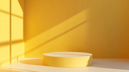 Spacious empty interior with vibrant background and striking yellow pedestal display stand