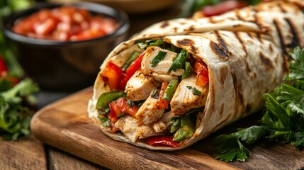 Side view perspective of appetizing chicken fajita shawarma roll with vibrant pepper on rustic wooden board